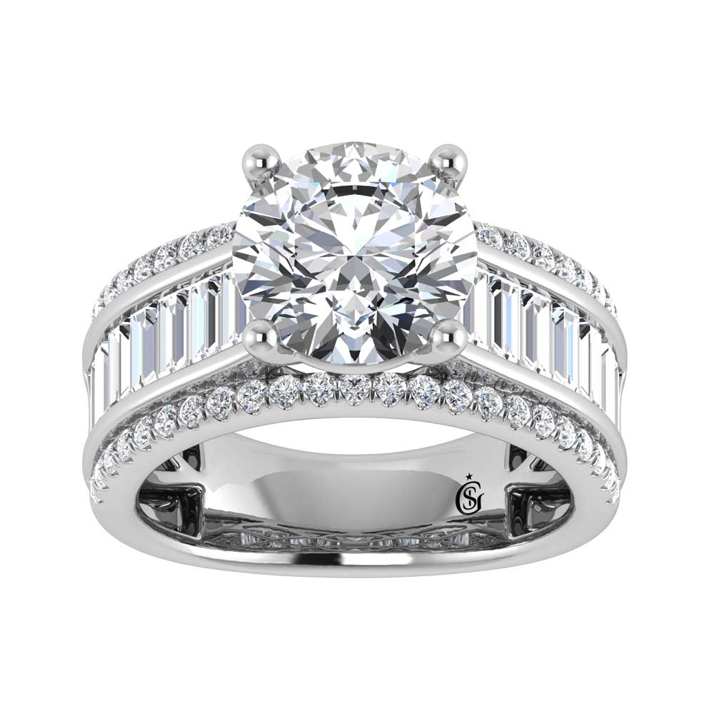 14K White Gold Lab Grown Diamond 4 1/3 Ct.Tw. Round and Baguette Shank Engagement Ring (Round Center) - LG1677W-RD-30