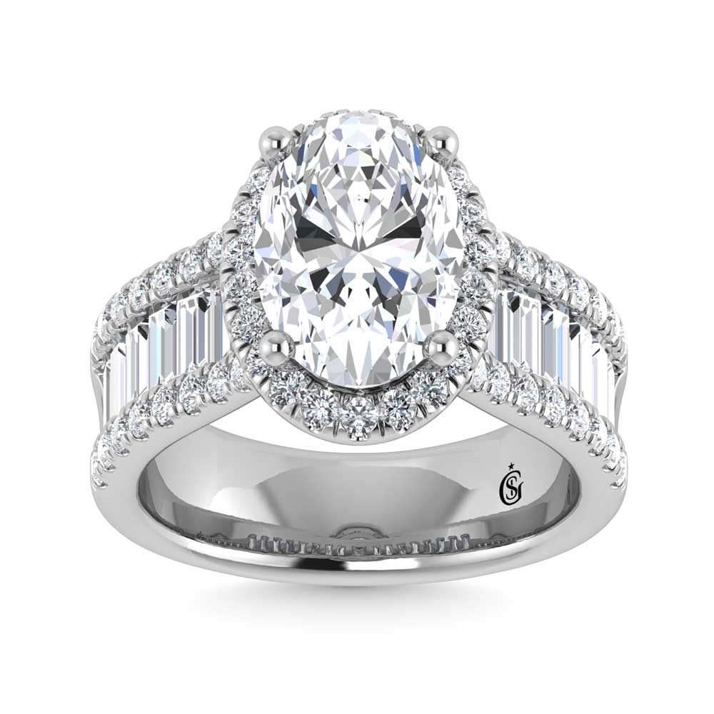 14K White Gold Lab Grown Diamond 4 5/8 Ct.Tw. Round and Baguette Shank Engagement Ring (Oval Center) - LG1679W-OV-30