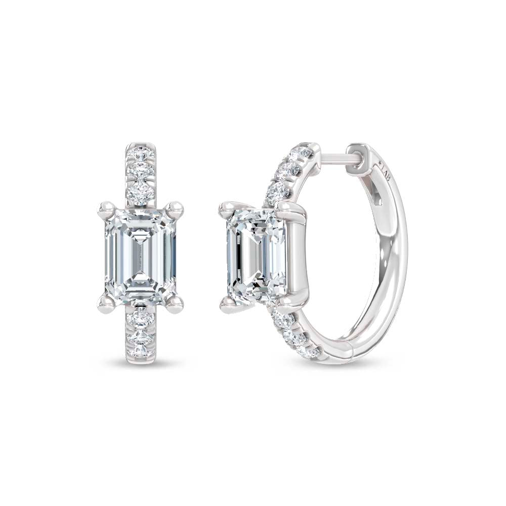 14K White Gold Lab Grown Diamond 1 3/4 Ct.Tw. Emerald and Round Hoop Earrings