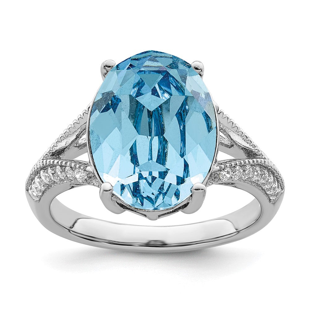 Sterling Silver Rhodium-plated Polished CZ and Blue Crystal Ring