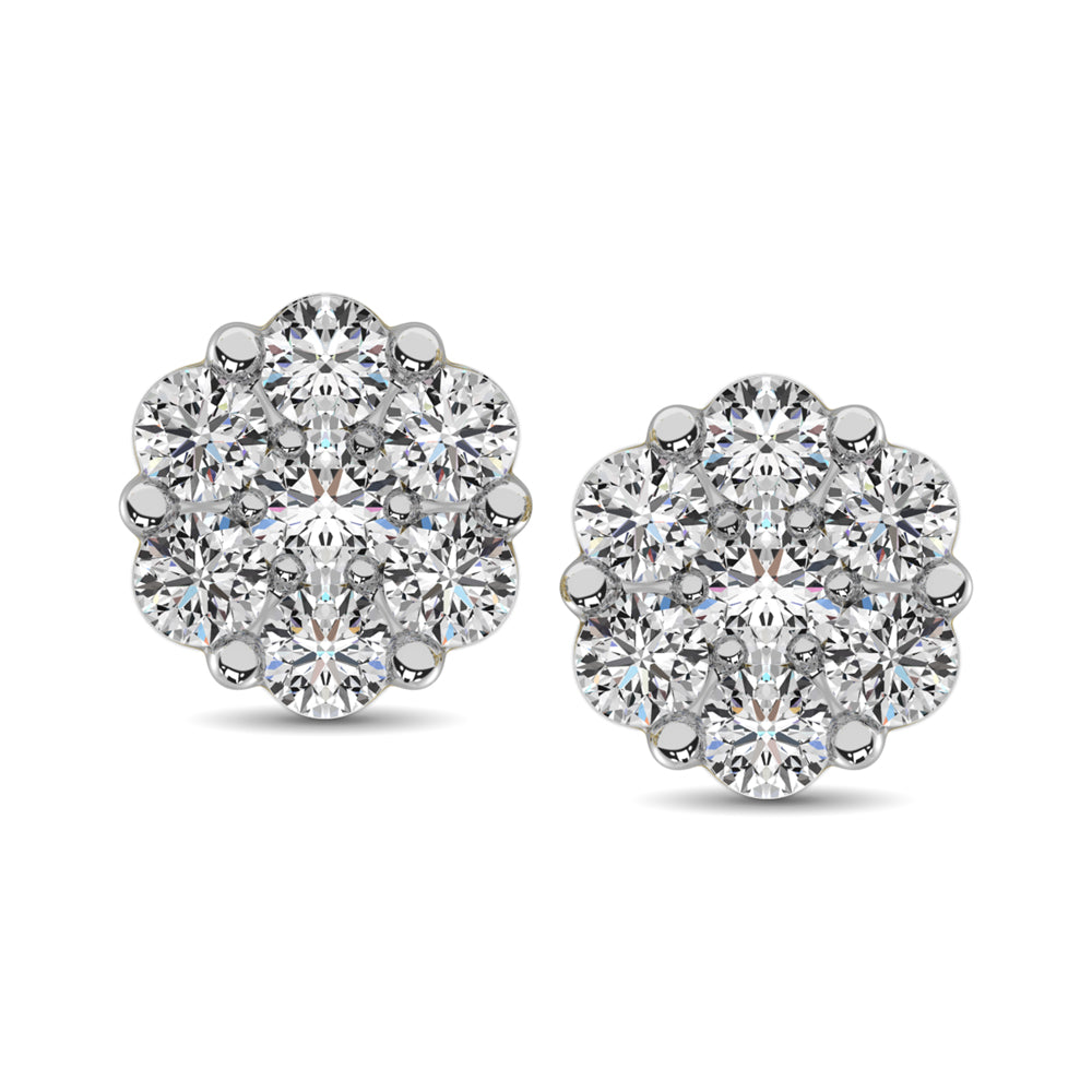 14K White Gold 7/8 Ct.Tw. Diamond Flower Studs Earrings