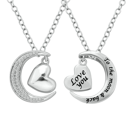 Sterling Silver 1/8 Ct.tw Diamond Heart  & Moon Pendant