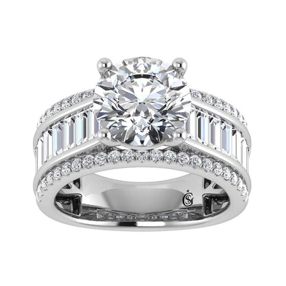 14K White Gold Lab Grown Diamond 4 1/3 Ct.Tw. Round and Baguette Shank Engagement Ring (Round Center) - LG1677W-RD-30