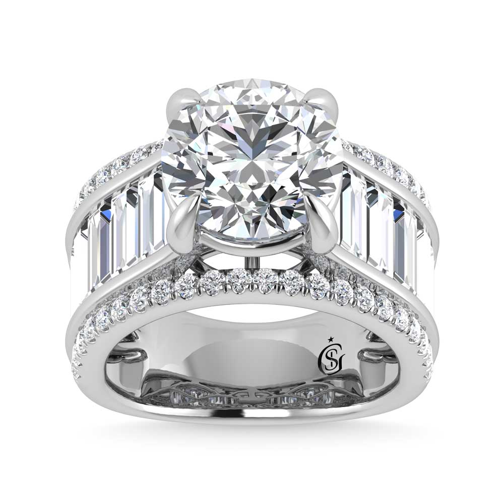 14K White Gold Lab Grown Diamond 8 1/6 Ct.Tw. Round and Baguette Shank Engagement Ring (Round Center) - LG1677W-RD-50