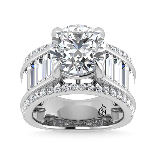 14K White Gold Lab Grown Diamond 8 1/6 Ct.Tw. Round and Baguette Shank Engagement Ring (Round Center) - LG1677W-RD-50