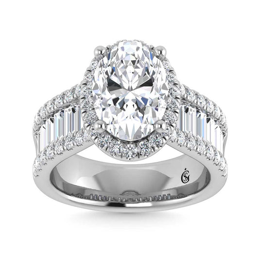 14K White Gold Lab Grown Diamond 4 5/8 Ct.Tw. Round and Baguette Shank Engagement Ring (Oval Center) - LG1679W-OV-30