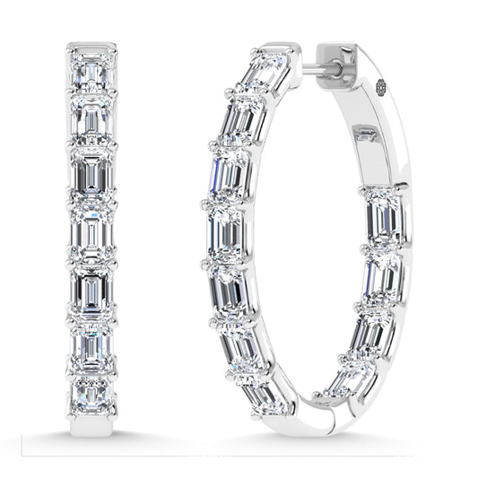 14K White Gold 2 3/4 Ct.Tw. Labgrown Diamond Vertical Emerald Shape In and Our Hoop Earrings