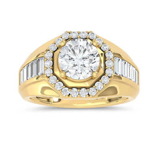 14K Yellow Gold Lab Grown Diamond 3 Ct.Tw. Round and Straight Baguette Mens Fashion Ring (Center 2ct IGI Certfied) - Men's Ring