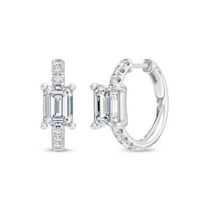 14K White Gold Lab Grown Diamond  1 3/4 Ct.Tw. Emerald and Round Hoop Earrings