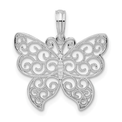 Sterling Silver Rhodium-plated Polished Filigree Wing Butterfly Pendant