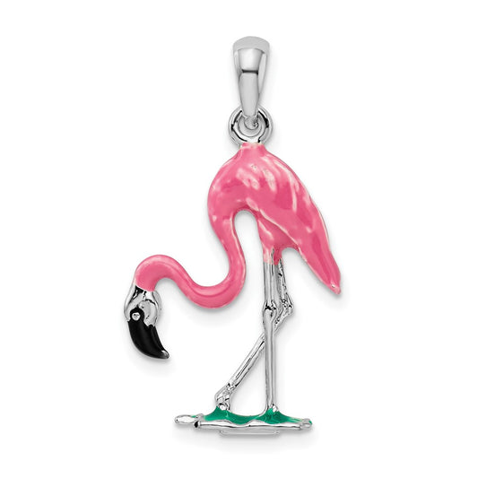 Sterling Silver Rhodium-plated Polished 3D Pink Flamingo Pendant