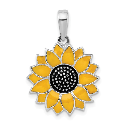 Sterling Silver Rhodium-plated Polished Enameled Sunflower Pendant