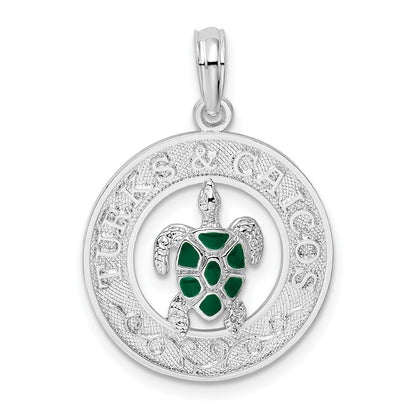 Sterling Silver Rhodium-plated Enameled Turks Caicos w/Turtle Pendant