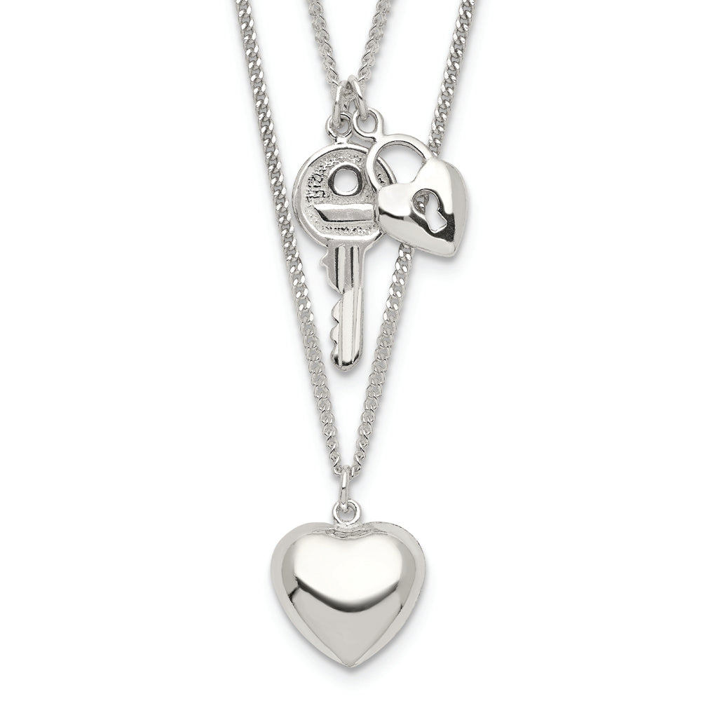 Sterling Silver 2-Strand Heart and Key Necklace - Sterling Silver Necklace
