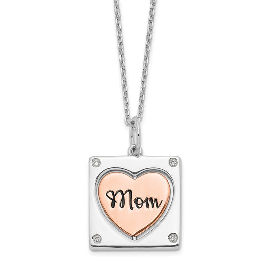 Sterling Silver Rhodium-plated Rose-tone MOM/LOVE Heart Center Spins Cubic Zirconia with2in ex - Sterling Silver Necklace