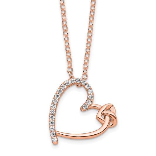 Sterling Silver Polished Rose-tone Cubic Zirconia Heart 18in Necklace - Sterling Silver Necklace
