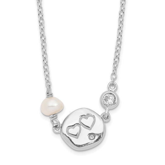 Sterling Silver Rhodium-plated Cubic Zirconia Freshwater Cultured Cultured Pearl withHearts Necklace - Sterling Silver Necklace