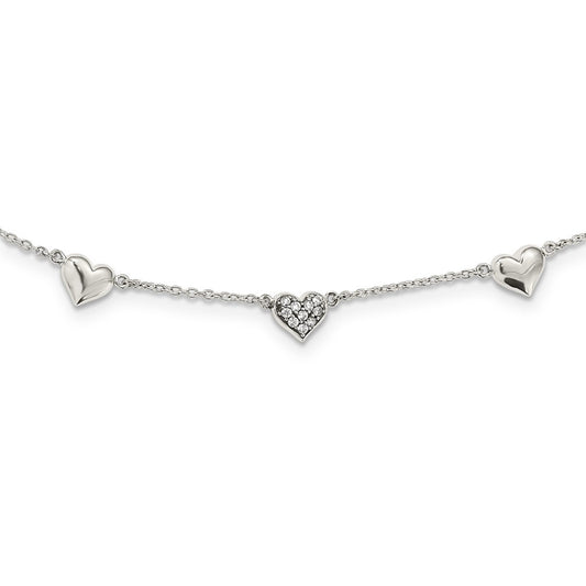 Sterling Silver Antiqued Cubic Zirconia Heart 17.5in with2in Extension Necklace - Sterling Silver Necklace