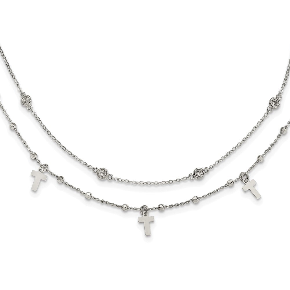 Sterling Silver Rhodium-plated Polished Cross and Cubic Zirconia w/ 2in Extension. Necklace - Sterling Silver Necklace