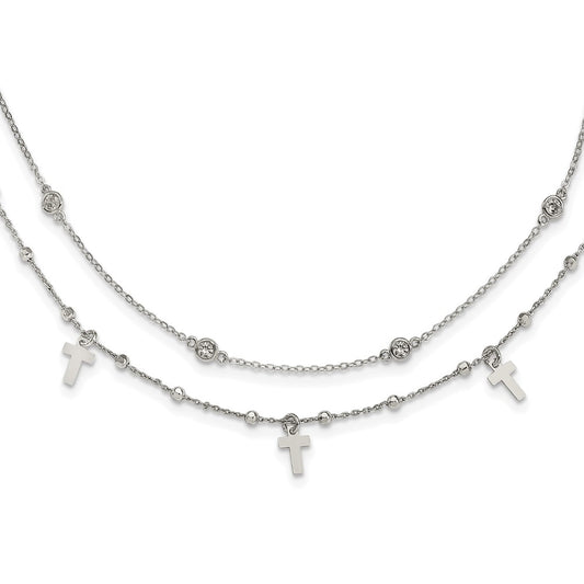 Sterling Silver Rhodium-plated Polished Cross and Cubic Zirconia w/ 2in Extension. Necklace - Sterling Silver Necklace