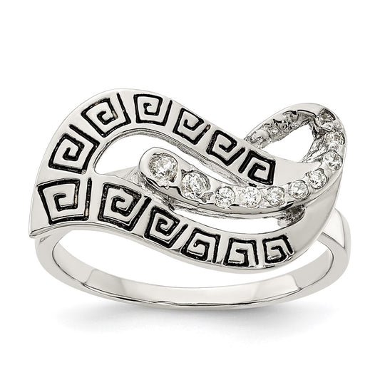 Sterling Silver Polished CZ Enameled Greek Key Ring