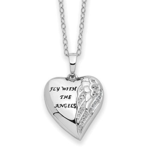 Sterling Silver Rhodium Antiqued Cubic Zirconia Fly withAngels 18in Ash Holder Necklace - Sterling Silver Necklace